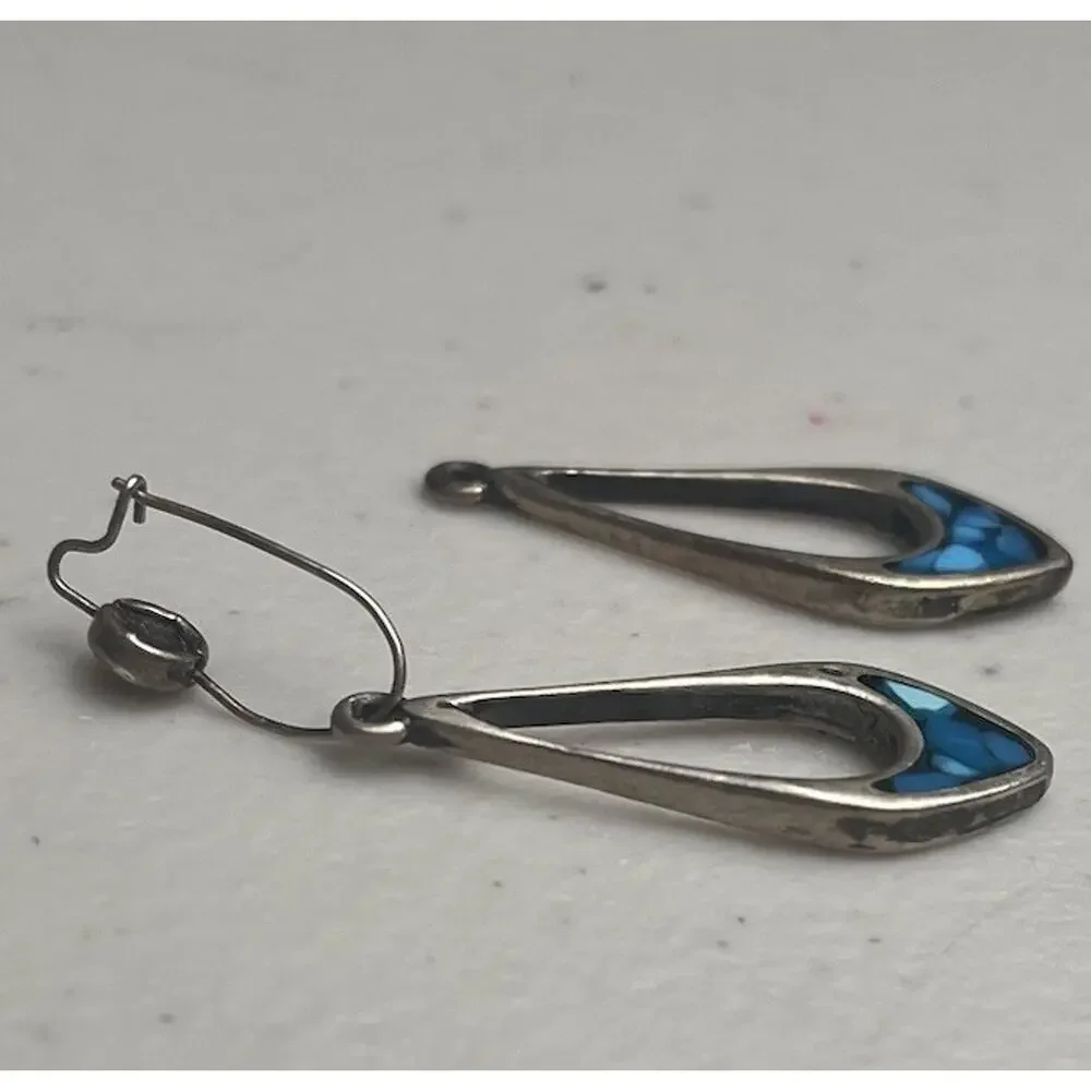 Vintage Teardrop Sterling Silver Turquoise Style Inlay Dangle Earrings NO HOOK